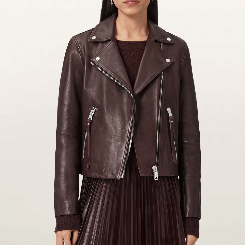 AllSaints Dalby Slim Fit Leather Oxblood Biker Jacket